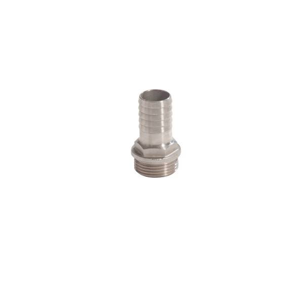 Metallschlauchbarb-Fitting mit Gewindebasis, gezeigt auf einem schlichten weißen Hintergrund.