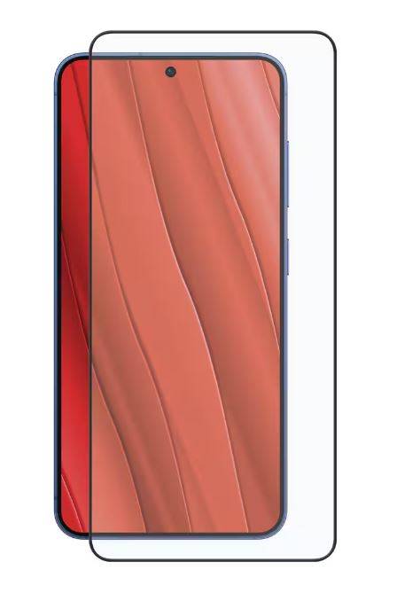 Transparente Displayschutzfolie für Telefon, die über einem Smartphone-Display mit zentriertem Kamera-Lochausschnitt ausgerichtet ist.