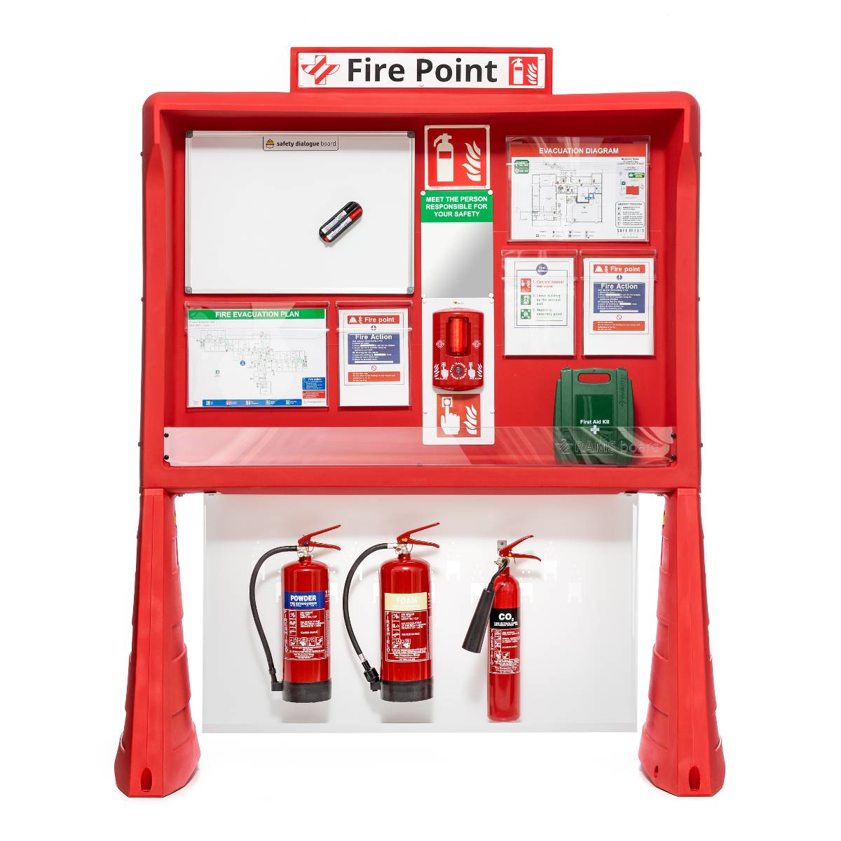 Rotpunkt-Sicherheitsstation mit Alarm, Feuerlöscher-Anweisungen, Evakuierungsdiagramm, Meldestelle und drei Feuerlöschern darunter.