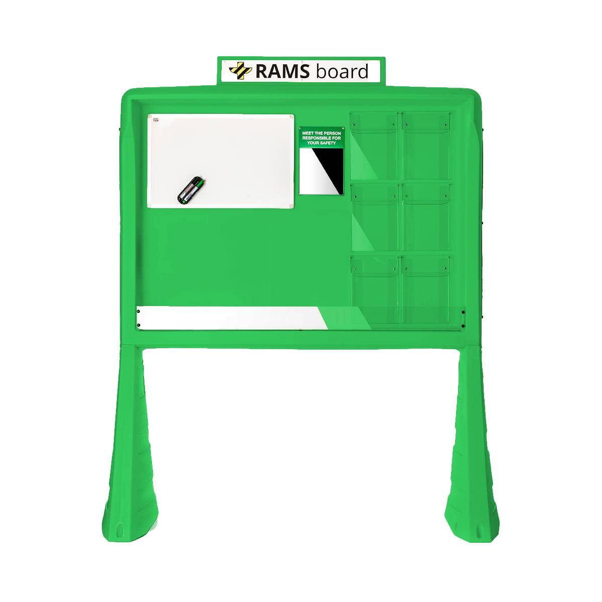 Grüne RAMS-Tafel mit Whiteboard, kleinem Mitteilungsbereich und Aufbewahrungstaschen auf einem Ständer.