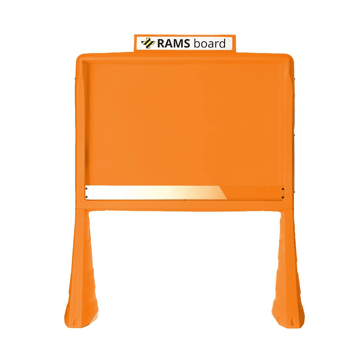 Orange RAMS-Tafel mit Sicherheitszeichen und einem leeren rechteckigen Anzeigebereich auf zwei Beinen, frontal auf weißem Hintergrund dargestellt.