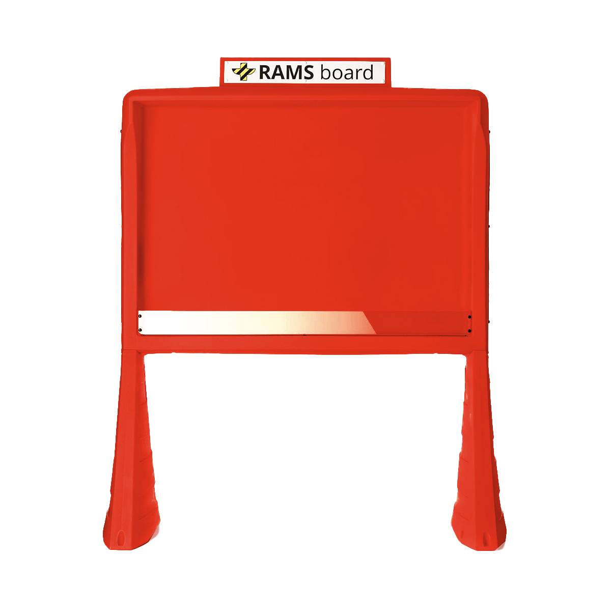 Rotes RAMS-Board-Schild auf einem Ständer mit einem leeren Anzeigefeld und einem kleinen oberen Etikett mit der Aufschrift „RAMS board