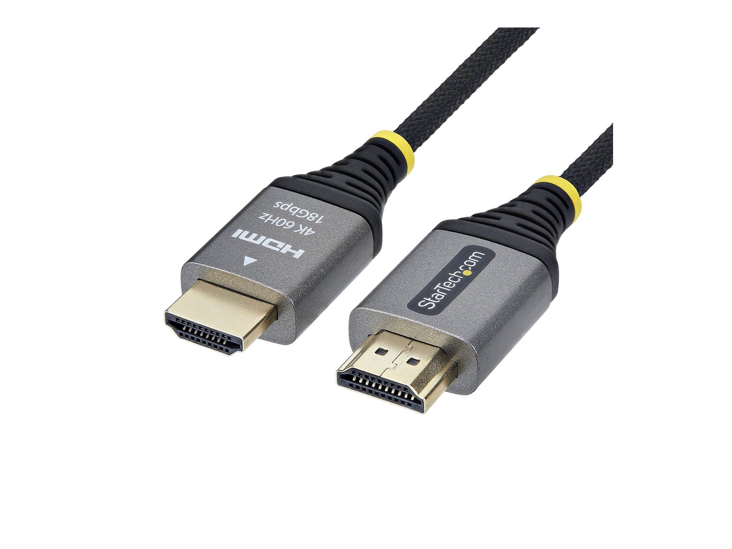 Zwei HDMI-Kabelstecker auf weißem Hintergrund, ein Stecker und ein abgewinkelter Stecker mit schwarzen geflochtenen Kabeln.
