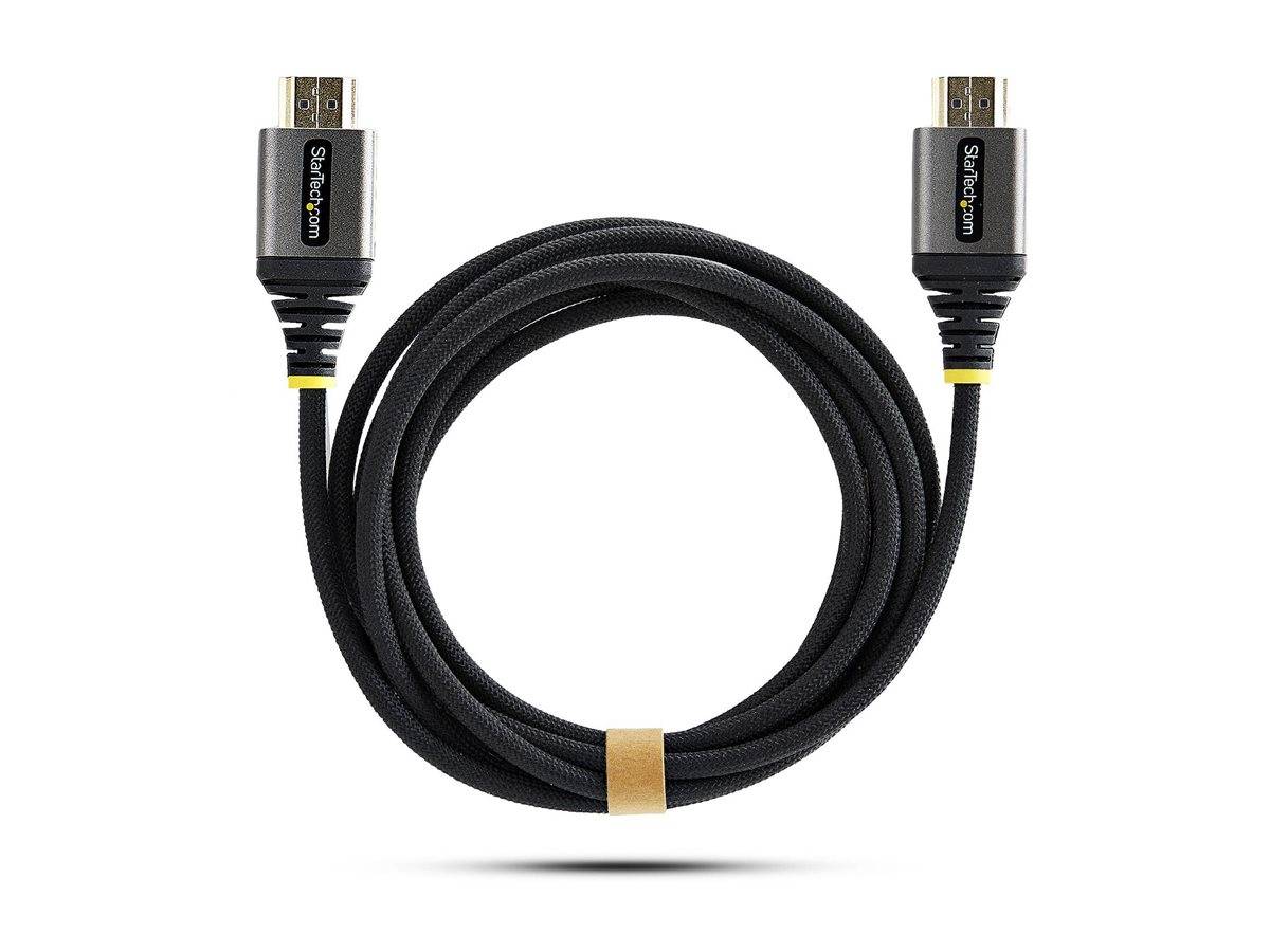 Schwarzes HDMI-Kabel ordentlich aufgerollt mit goldenem Band, zeigt zwei HDMI-Stecker auf weißem Hintergrund.