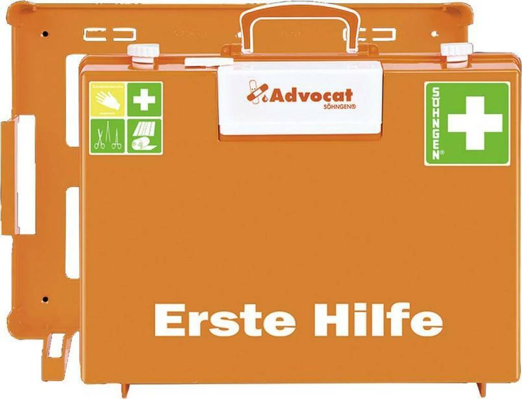 Orange-Behälter für Erste Hilfe mit der Aufschrift „Erste Hilfe