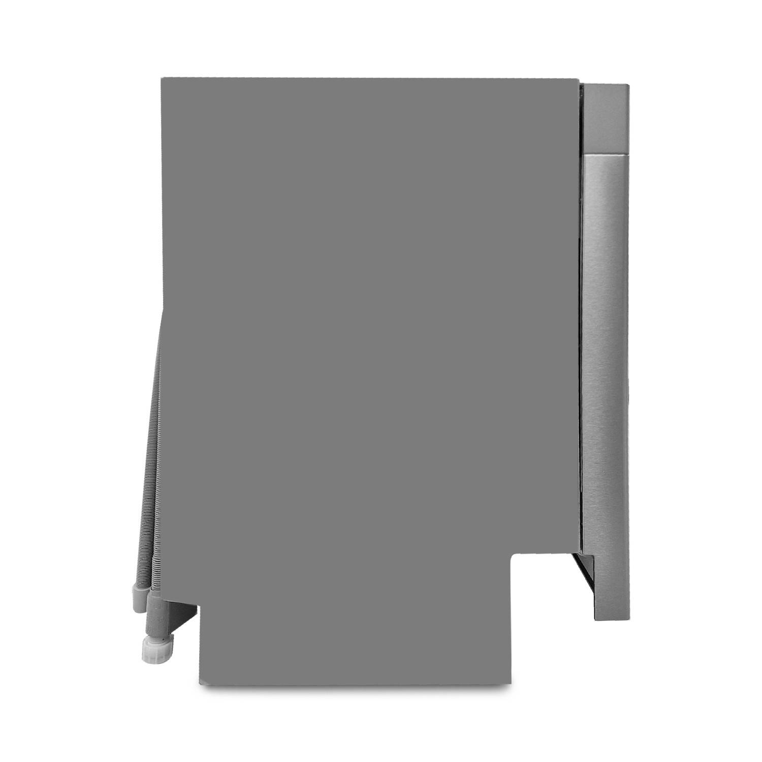 Grauer metallischer rechteckiger Apparat oder Gehäuse, frontal dargestellt, mit einem schlanken Seitenpanel und einer kleinen vorstehenden Verriegelung oder einem Stecker in der unteren linken Ecke.