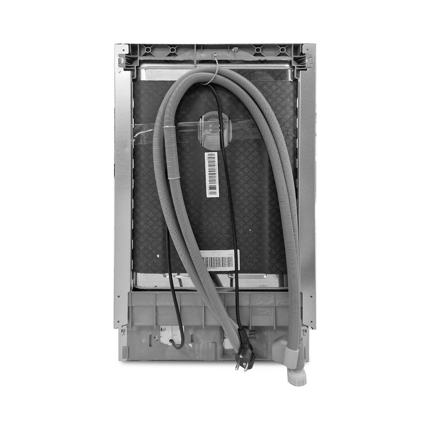 Rückseite einer Spülmaschine mit sichtbaren Schläuchen, Stromkabel und Isolierung, die die Sanitär- und Elektroinstallationen des Geräts zeigt.
