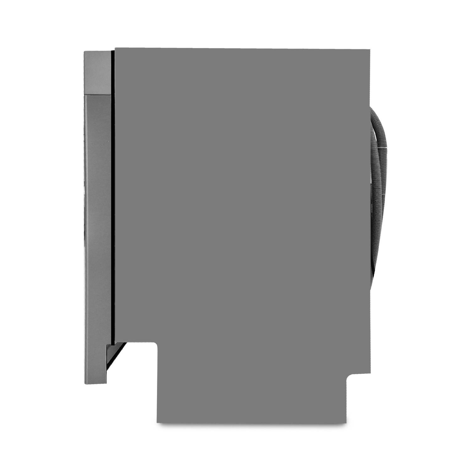 Grauer rechteckiger, an der Wand montierter Elektrokasten oder Gerät von der Seite betrachtet, mit einem sichtbaren Kabel auf der rechten Seite.