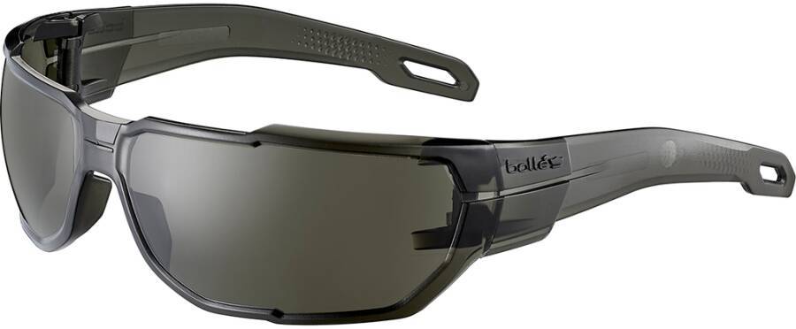 Dunkelgraue Schutzbrille mit Umrandung, getönten Gläsern und schwarzen Bügeln auf weißem Hintergrund.
