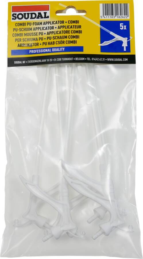 Soudal Combi PU-Schaumapplicatoren, 5er-Pack, in einer transparenten Tasche mit weißen Kunststoffdüsen und gelb-blauem Verpackungsdesign dargestellt.