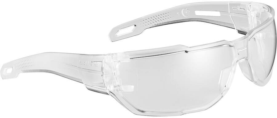 Klare Schutzbrille mit umwickelten Gläsern und weißen Bügeln auf weißem Hintergrund.