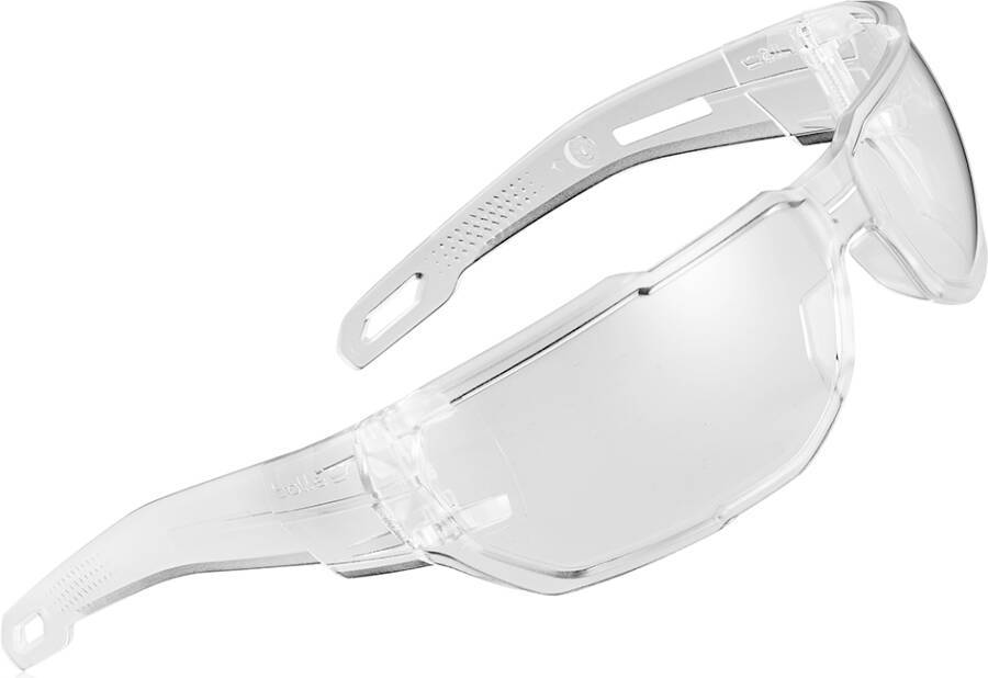 Klare Schutzbrille mit umschließenden Gläsern und weißem Rahmen auf weißem Hintergrund
