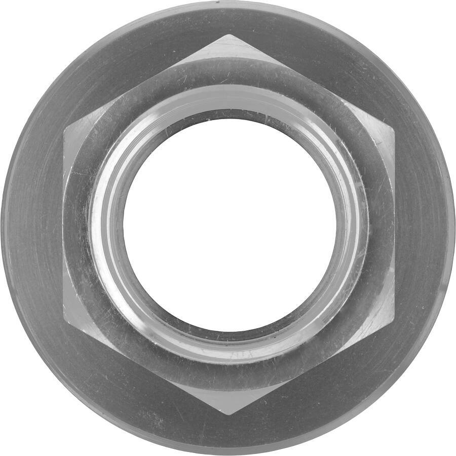 Draufsicht auf eine Metallsicherungsmutter mit sechskantiger Form und einer kreisförmigen Mittelöffnung auf weißem Hintergrund.