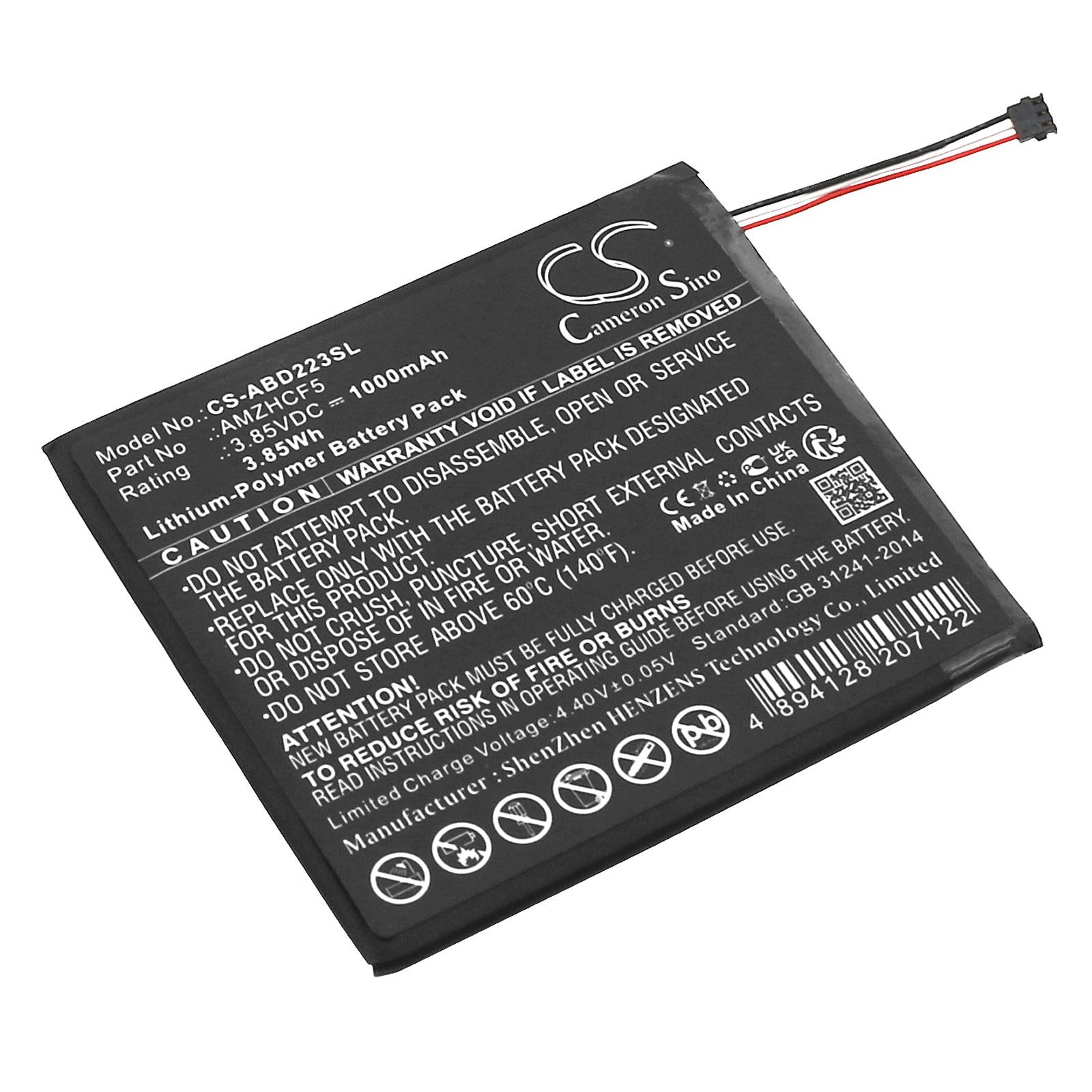 Schwarzes Cameron Sino wiederaufladbares Lithium-Polymer-Akkupack mit angebrachten Anschlussdrähten, gekennzeichnet mit 3,85V 4000mAh.