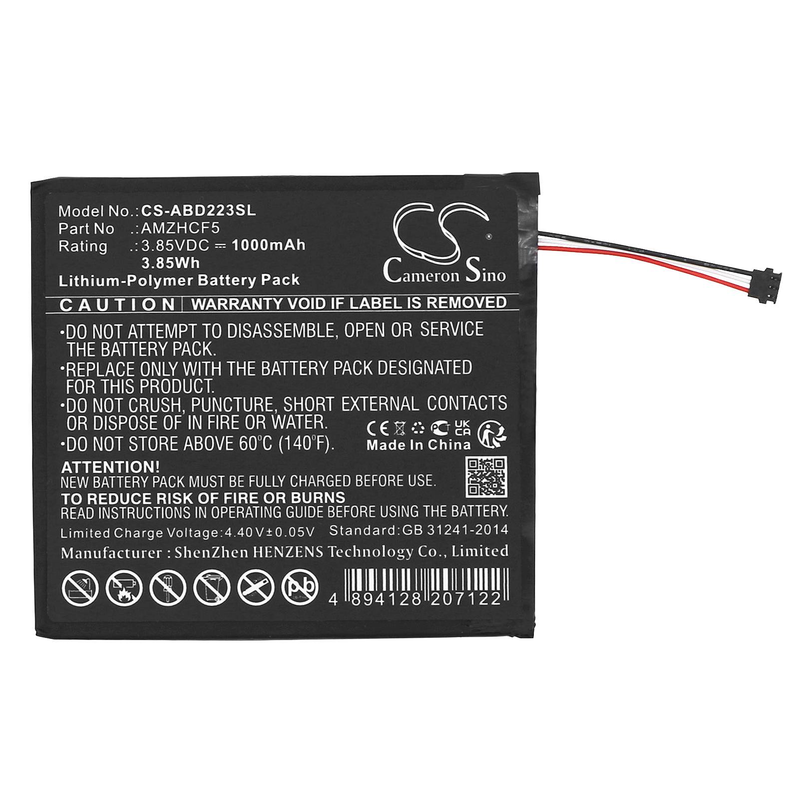 Schwarzes Cameron Sino Lithium-Polymer Akkupack mit rot-schwarzem Steckverbinder, gekennzeichnet mit 3,85V 1000mAh, für elektronische Geräte.