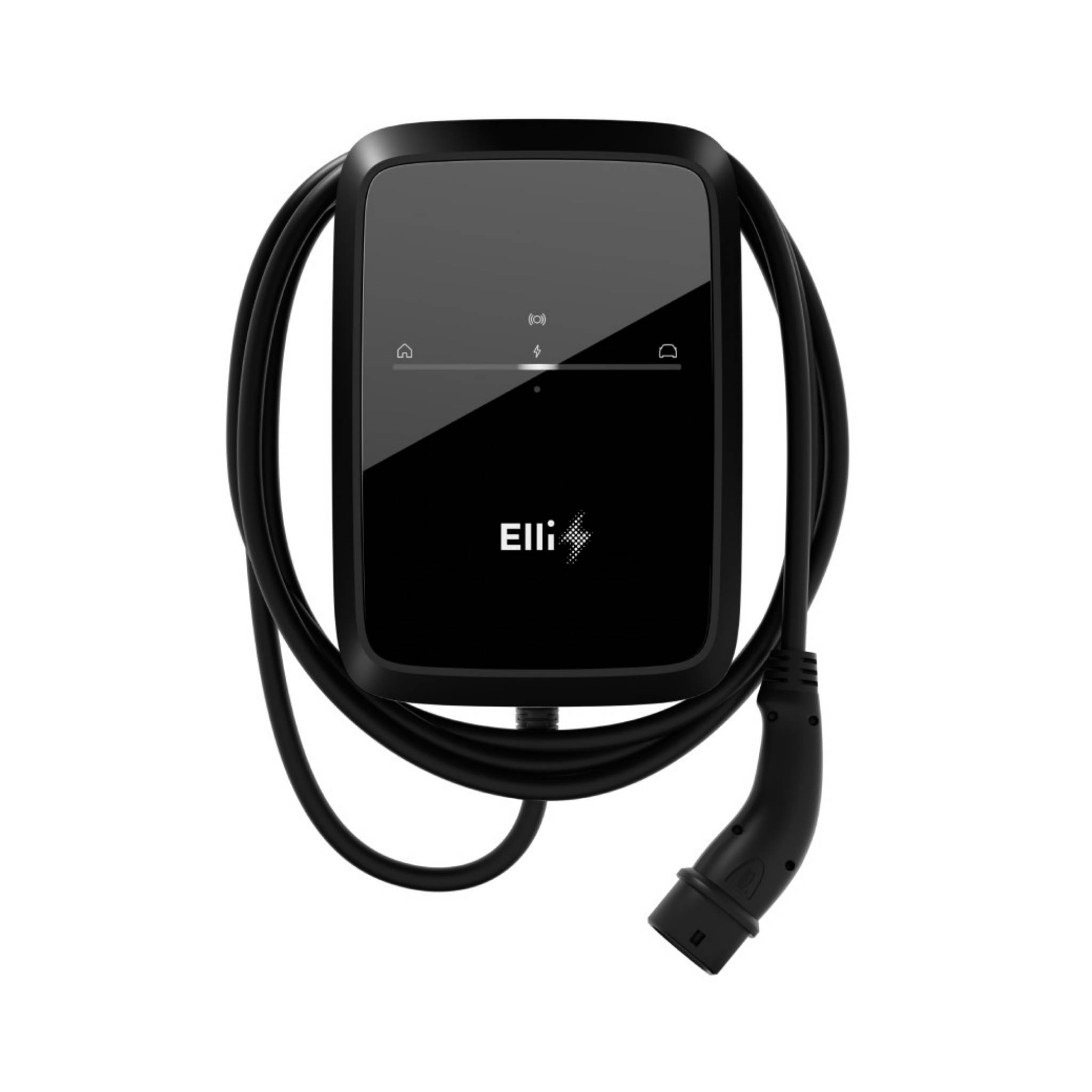 Schwarze Elli-Elektrofahrzeug-Ladeeinheit mit angebrachtem Kabel und Stecker auf weißem Hintergrund.