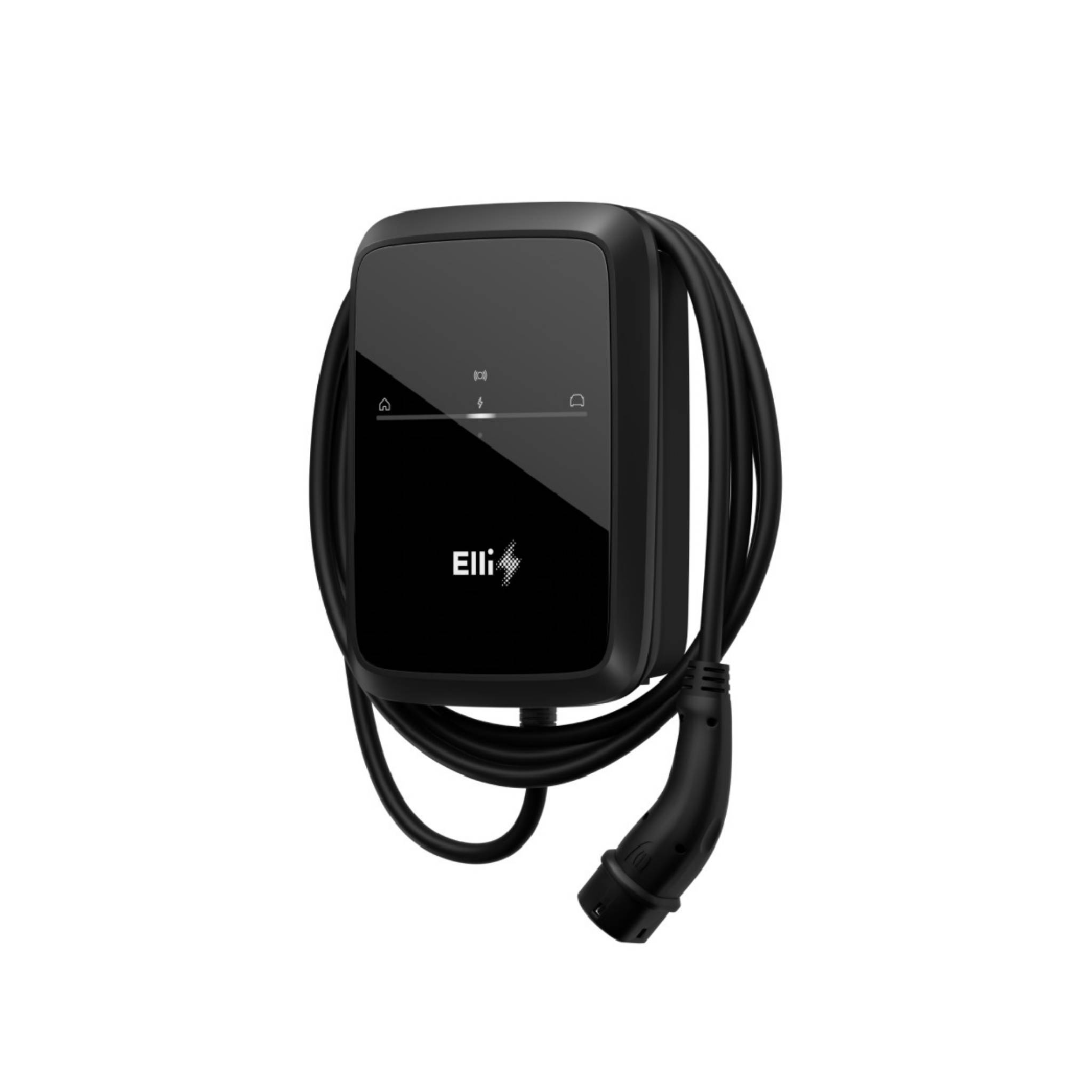 Schwarzes wandmontiertes Elektrofahrzeug-Ladegerät mit angebrachtem aufgewickeltem Kabel und Stecker, Marke 'Elli'.