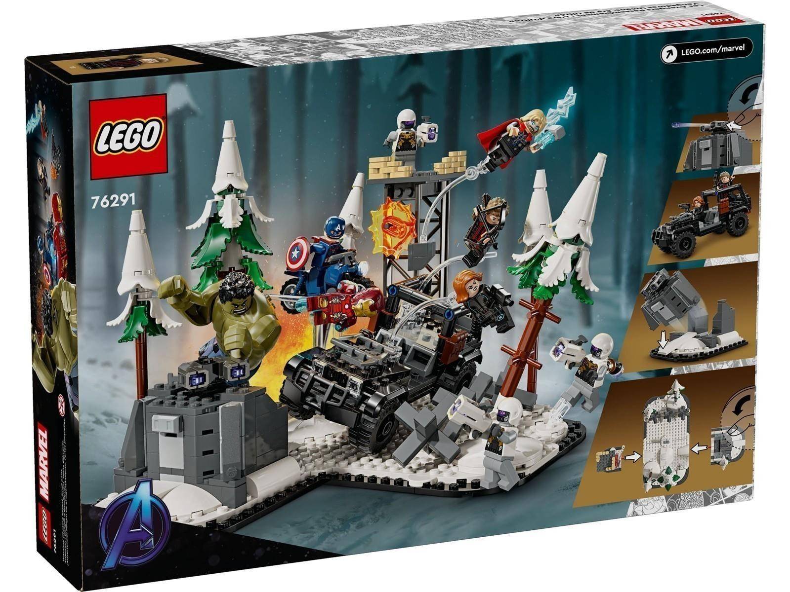 LEGO Marvel Avengers Endgame Setbox mit Hulk, Captain America, Black Widow, Thor, Ant-Man und eine Kampfszene mit Fahrzeugen und schneebedecktem Gelände.