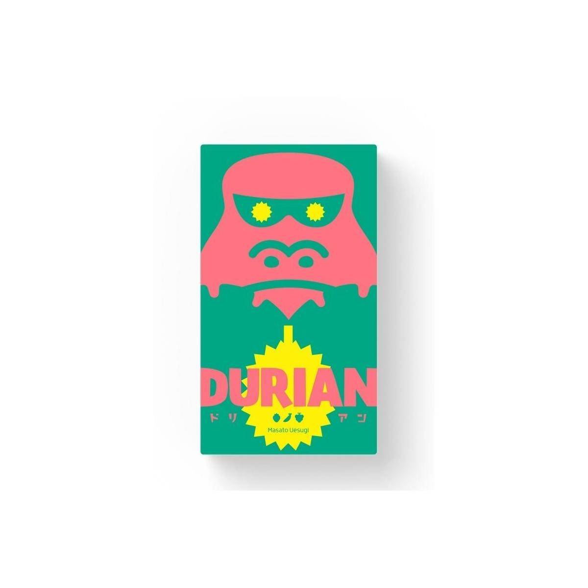 Stilisiertes Durianfrüchte-Paketdesign mit einem rosa- und grünfarbigen Kreaturggesicht und dem Wort „DURIAN