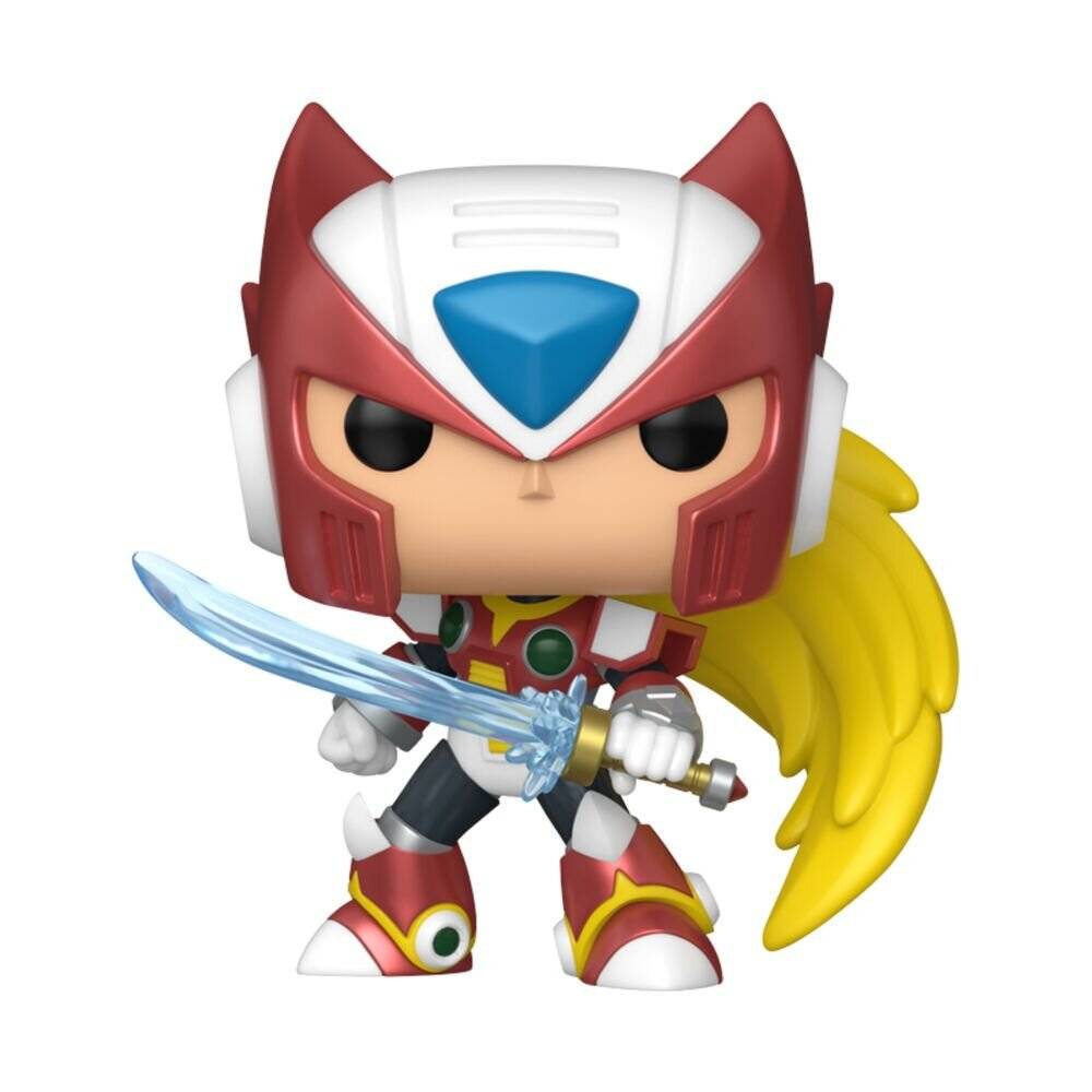 Stilisierte gepanzerte Anime-Figur, die ein blaues Schwert hält, mit rot-weißem Helm und großen gelben flügelartigen Haaren oder Umhang.