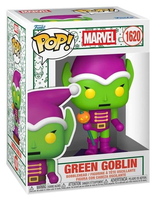 Funko Pop! Marvel Grüner Kobold Wackelkopf-Figur in der Box, Nummer 1620, gezeigt in violett-grünem Kostüm.