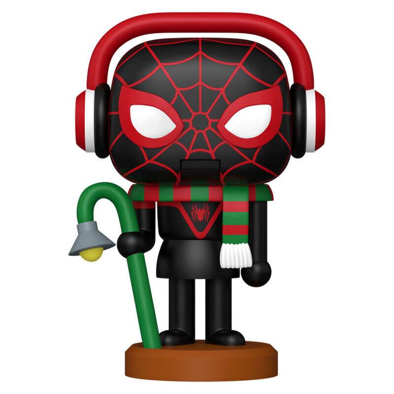 Spielzeugfigur von Spider-Man in einem Winteroutfit mit Kopfhörern, der eine grüne Zuckerstange hält und auf einer runden Basis steht.
