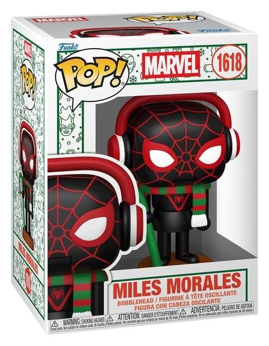 Funko Pop! Marvel Miles Morales in der Box, trägt einen rot-grünen Winterschal und Kopfhörer, mit „1618