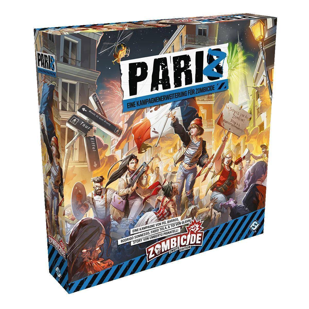 Zombicide: Paris Brettspiel-Erweiterungsbox mit dem Titel PARIS 2, die einen von Zombies gefüllten Straßenaufstand in Paris zeigt.
