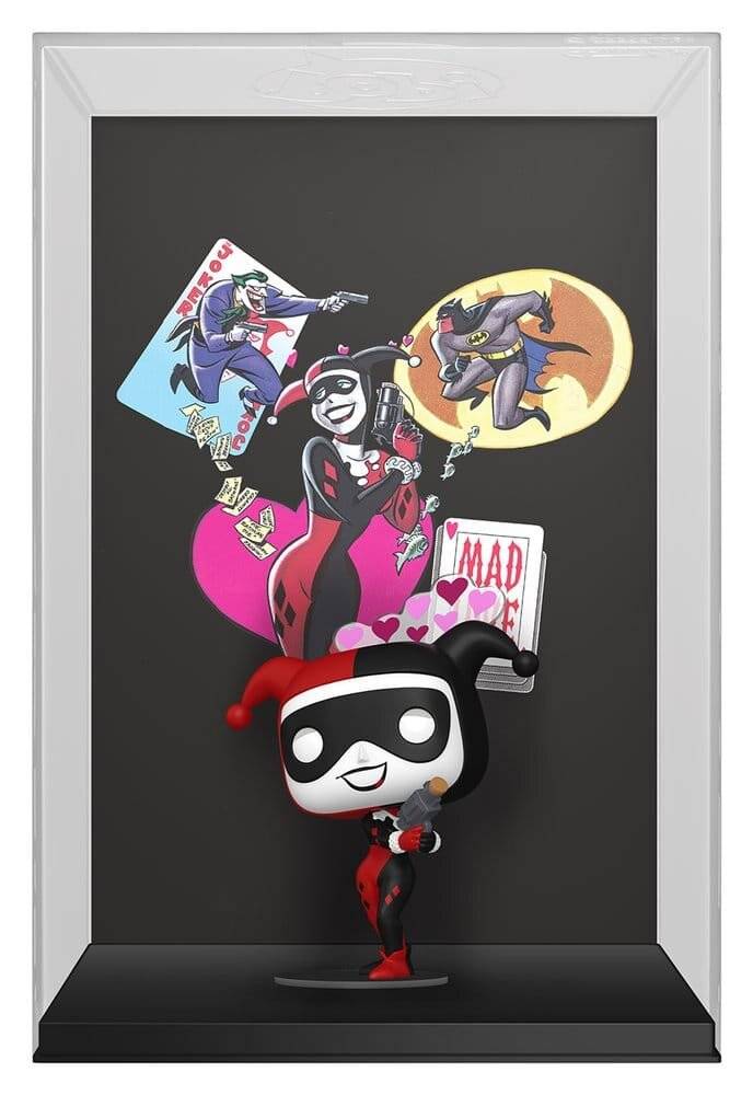 Rahmendisplay mit Harley-Quinn-Figur, die einen Hammer hält, mit Comic-Stil-Bildern der Figur und dem Wort „MAD