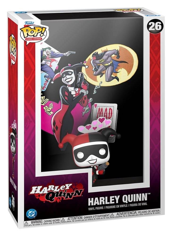 Harley Quinn Funko Pop! Vinyl-Figur in einer Anzeigebox, Nummer 26, mit Comic-Stil-Artwork und 