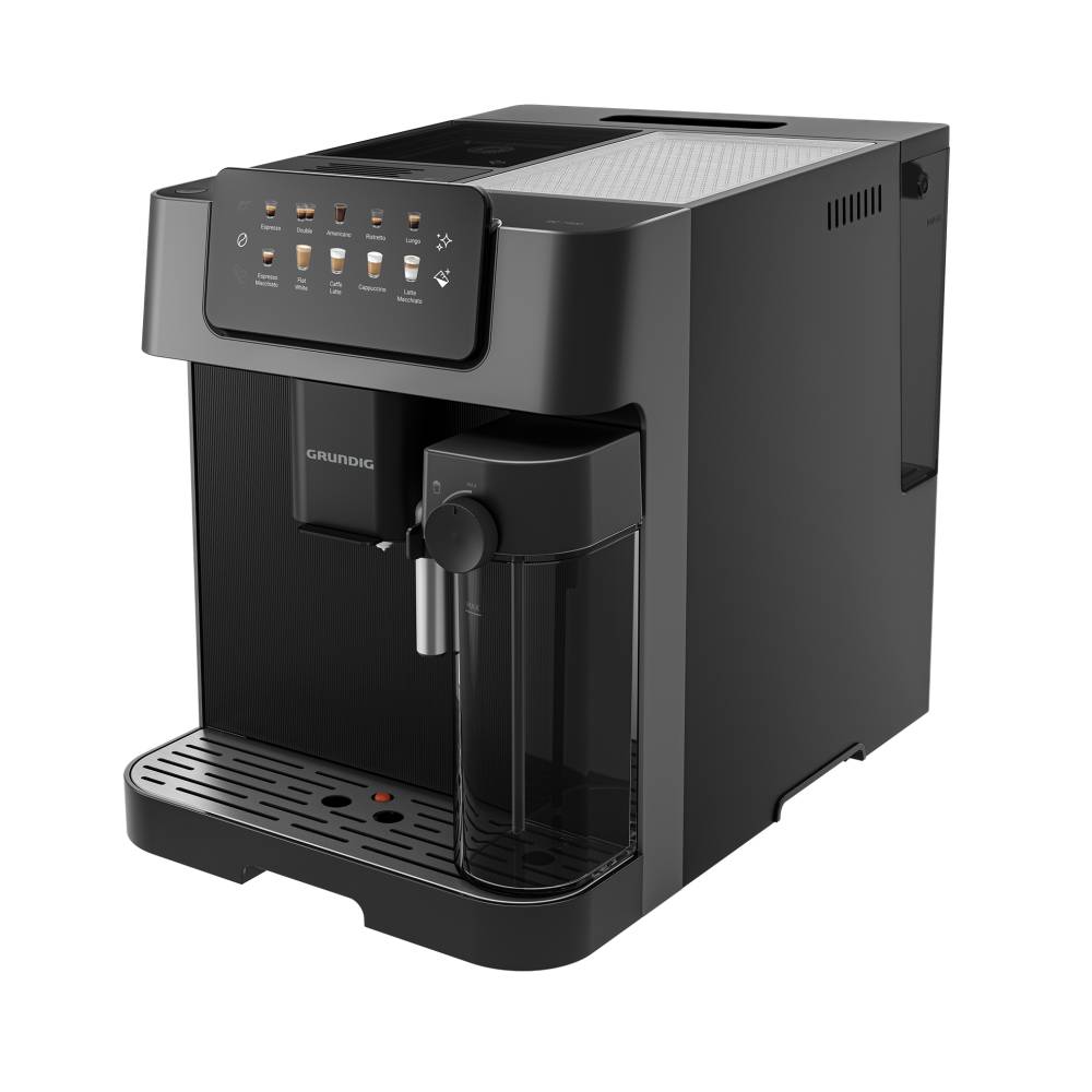 Schwarze automatische Espressomaschine mit Bedienfeld, Kaffeeauslauf, Tropfschale und abnehmbarem Wassertank