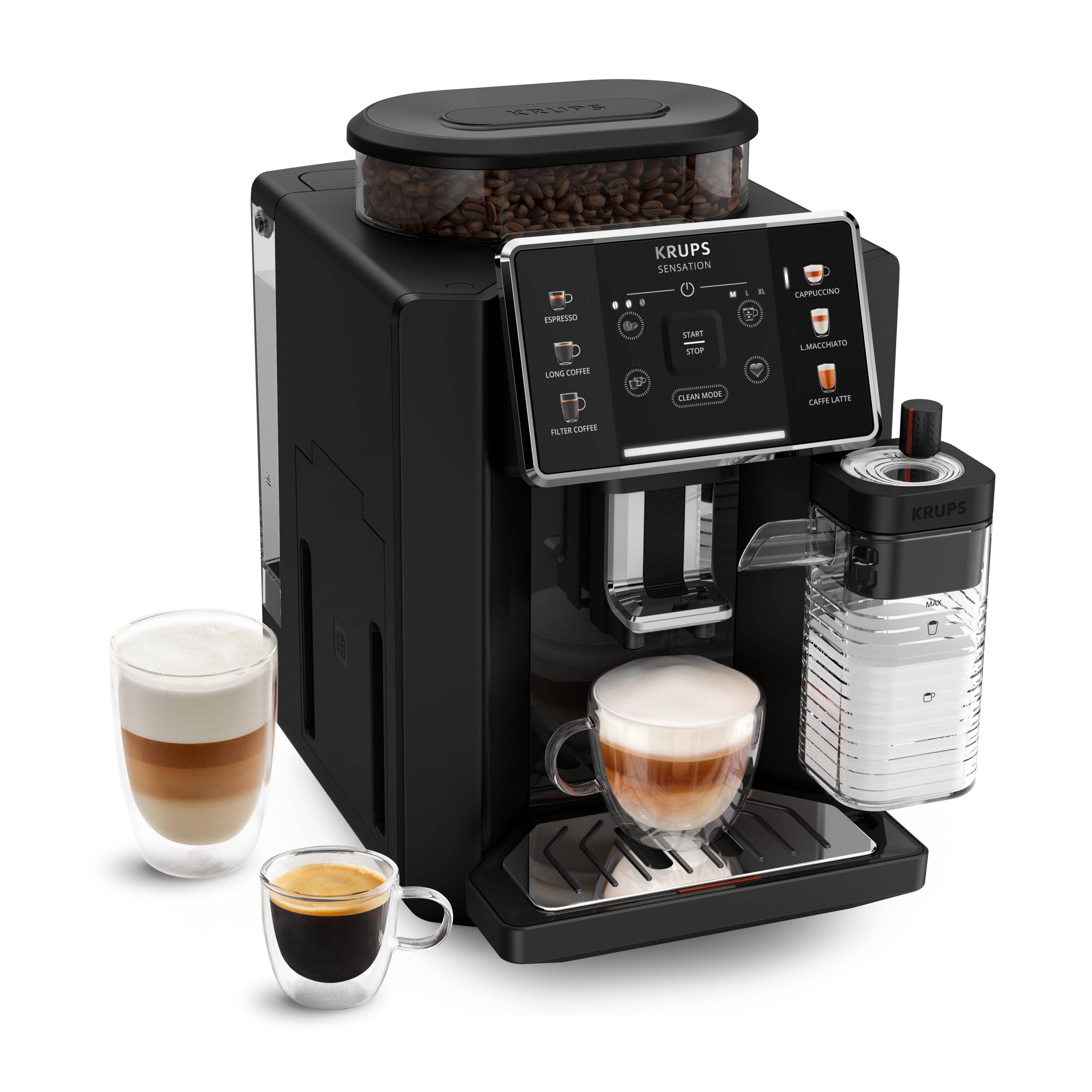 KRUPS Kaffeemaschine mit Bohnenbehälter und Touchscreen, die Espresso in eine Glastasse ausschenkt, mit Cappuccino, Latte und Espresso-Getränken nebeneinander gezeigt.