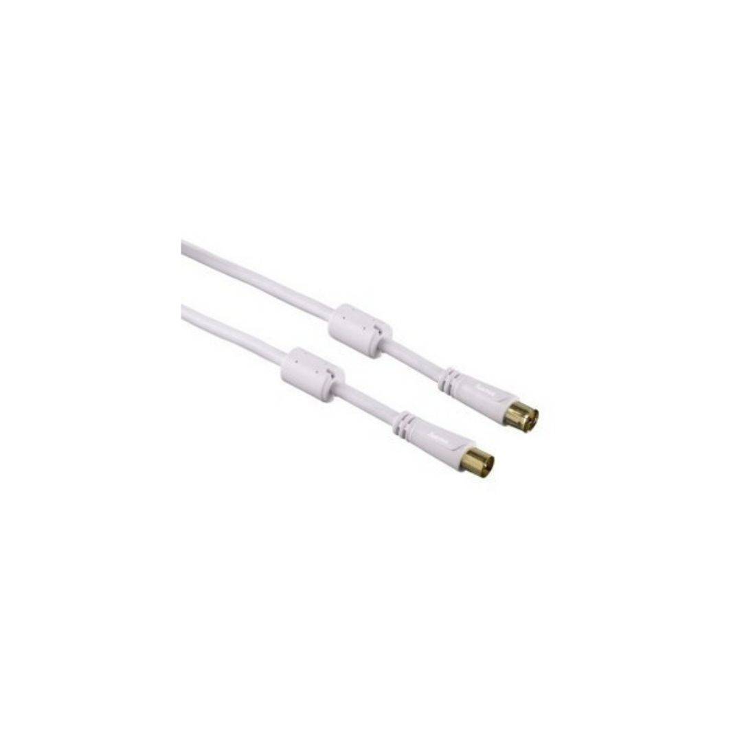 Zwei weiße koaxiale Kabel mit vergoldeten Steckverbindern auf weißem Hintergrund.