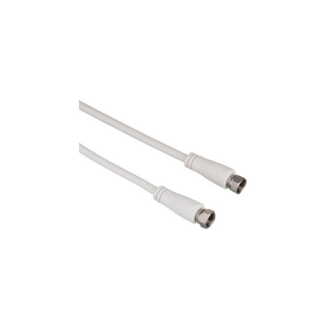 Zwei weiße koaxiale Kabel mit Metallverbindern auf weißem Hintergrund.