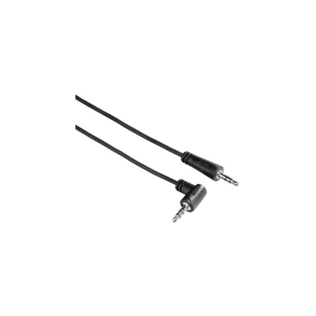 Zwei schwarze 3,5-mm-Audiokabel mit rechtwinkligen Steckern auf weißem Hintergrund.