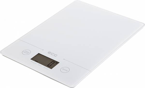 Weiße digitale Küchenwaage mit LCD-Display und Tasten mit Berührungsfunktion auf schwarzem Hintergrund.