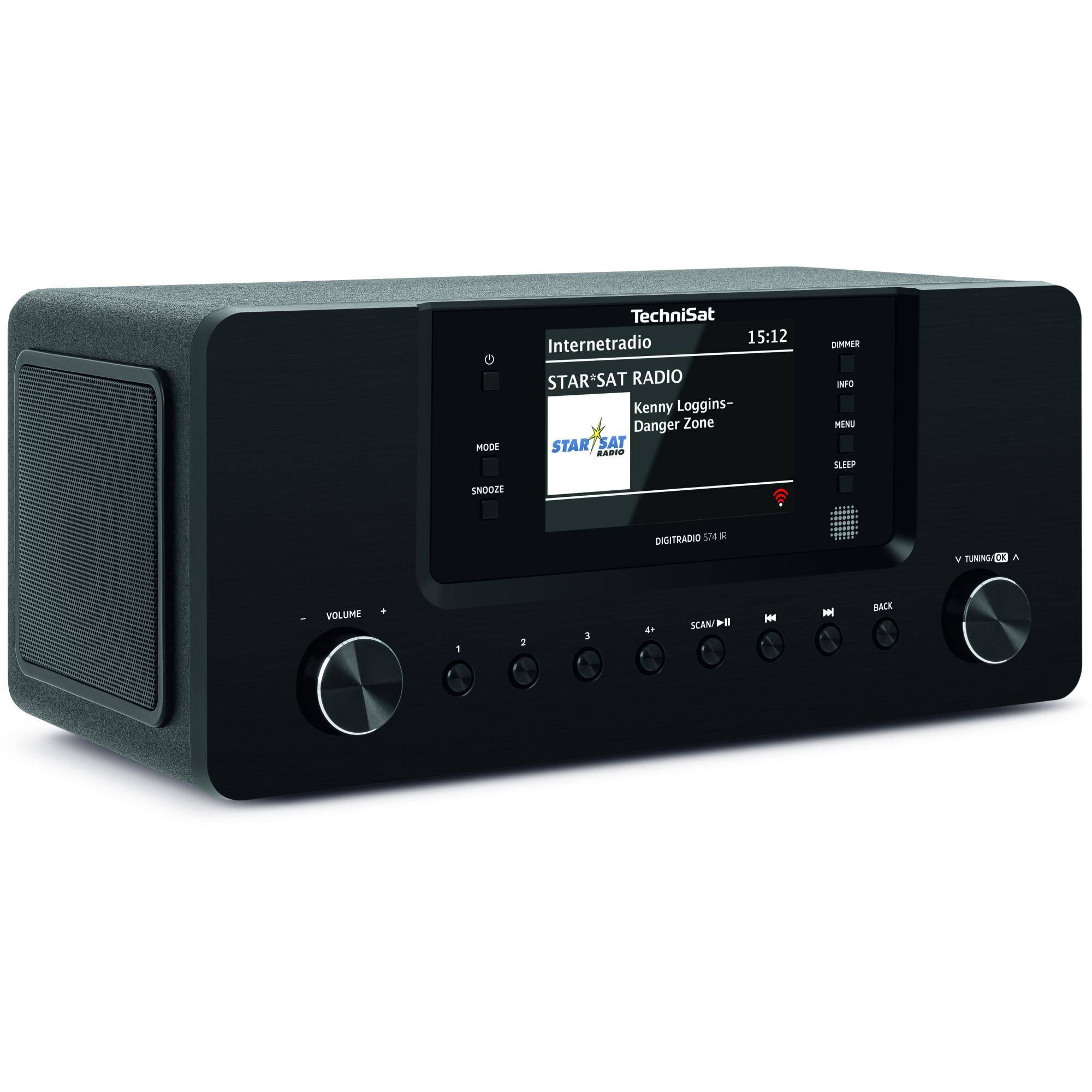 Schwarzes TechniSat Tischradio mit Display, das Internetradio zeigt, das „STAR'SAT RADIO