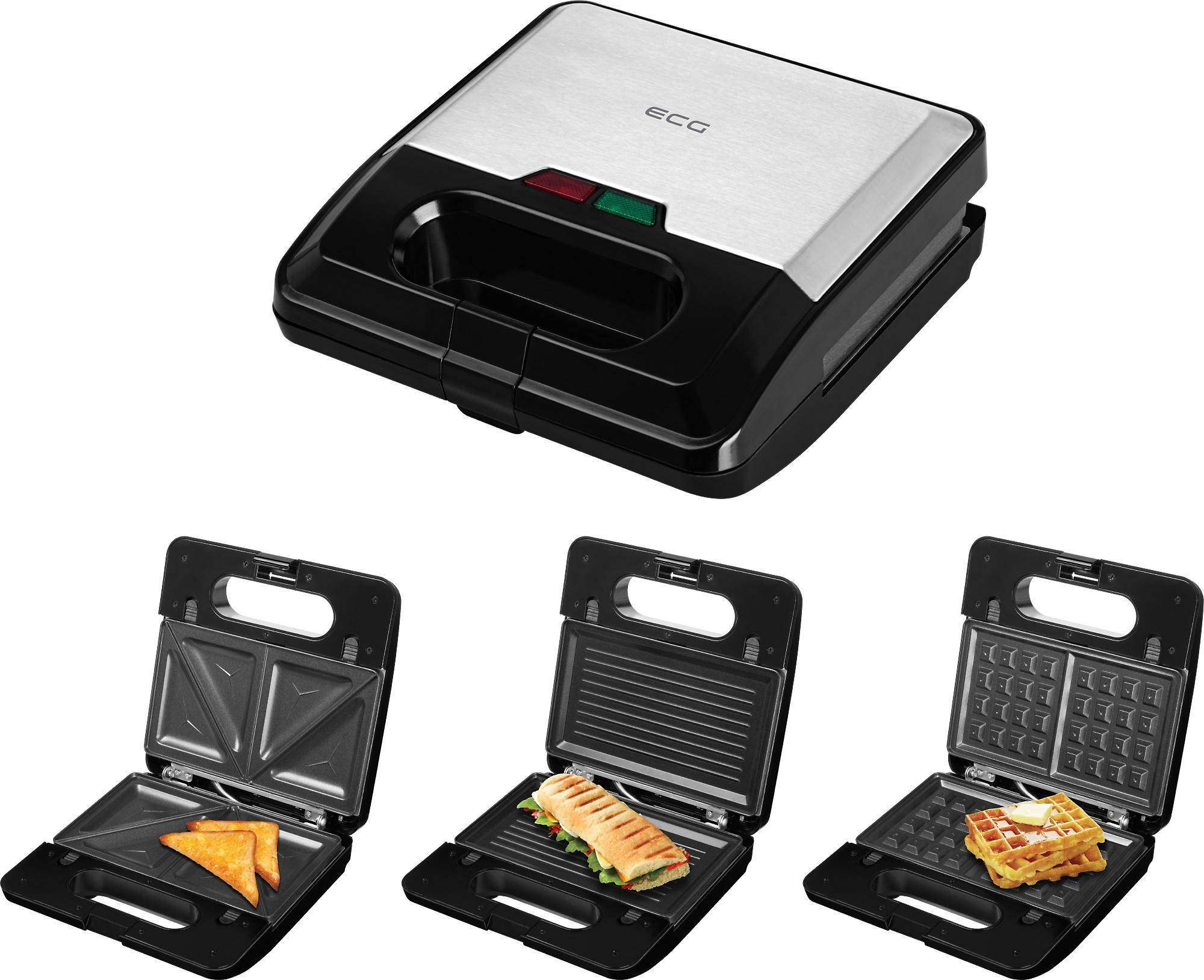 Kompakter elektrischer Sandwichmaker mit austauschbaren Platten für Toasties, Panini und Waffeln-Stil-Grillen; gezeigt geöffnet und geschlossen mit Kontrollleuchten.