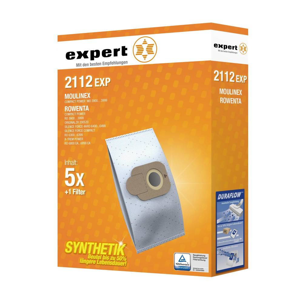Orange Expert 2112 EXP Staubsauger-Filterbox mit 5 synthetischen Filtern für Moulinex- und Rowenta-Modelle.