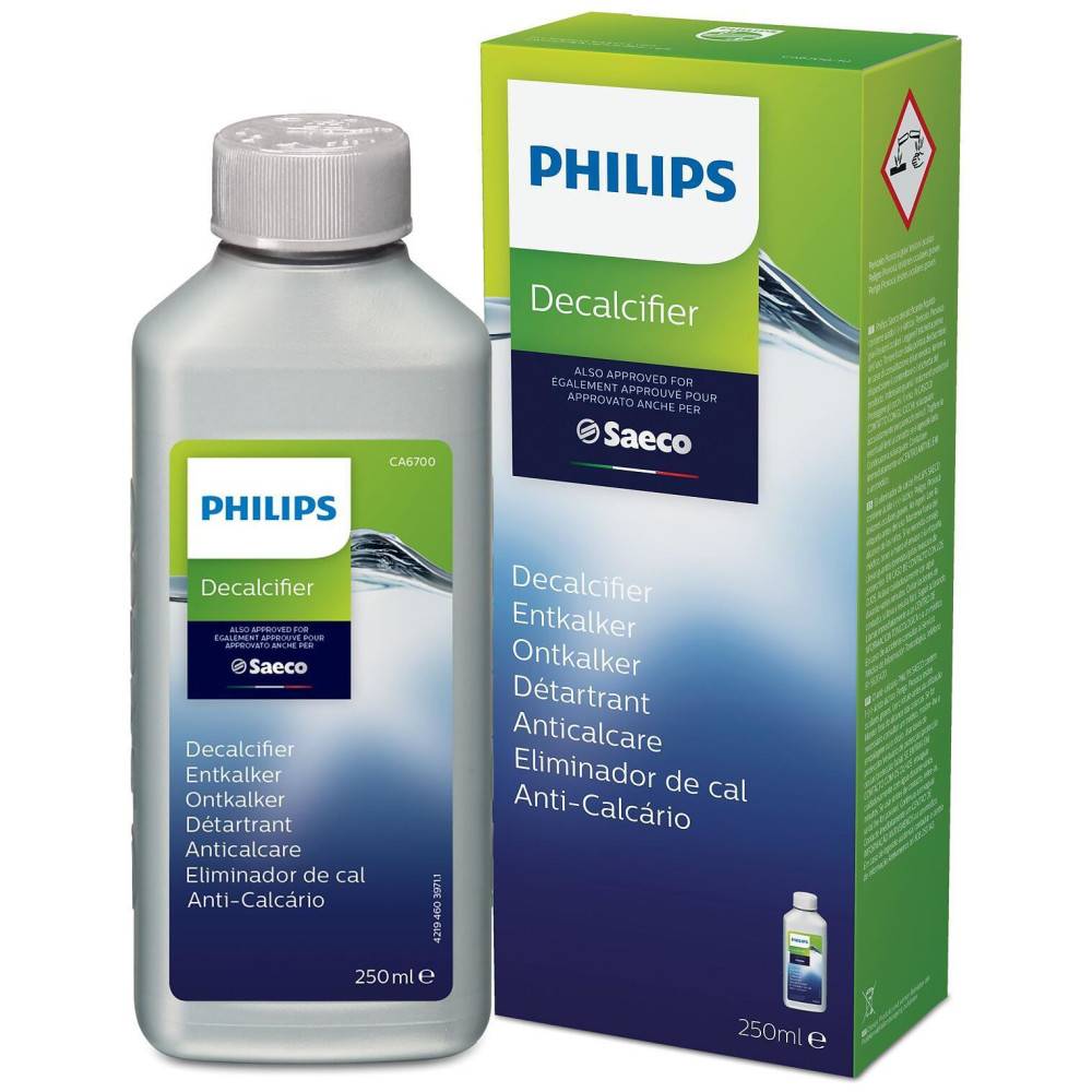 Philips Saeco Entkalkungsflasche und passende Schachtel, 250 ml, zur Entfernung von Kalkablagerungen aus Espressomaschinen.