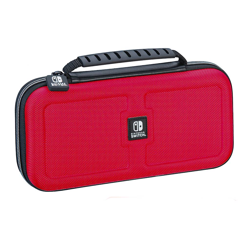 Rote Nintendo Switch Schutztasche aus hartem Material mit schwarzem Griff und Reißverschluss, abgebildet vor weißem Hintergrund.
