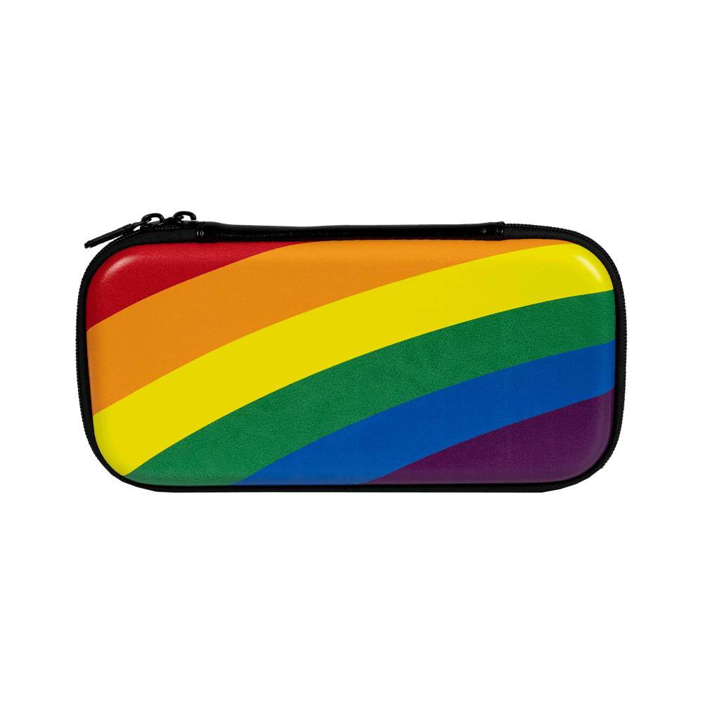 Rechteckiger Reißverschluss-Etui mit Regenbogenstreifen-Design auf weißem Hintergrund.