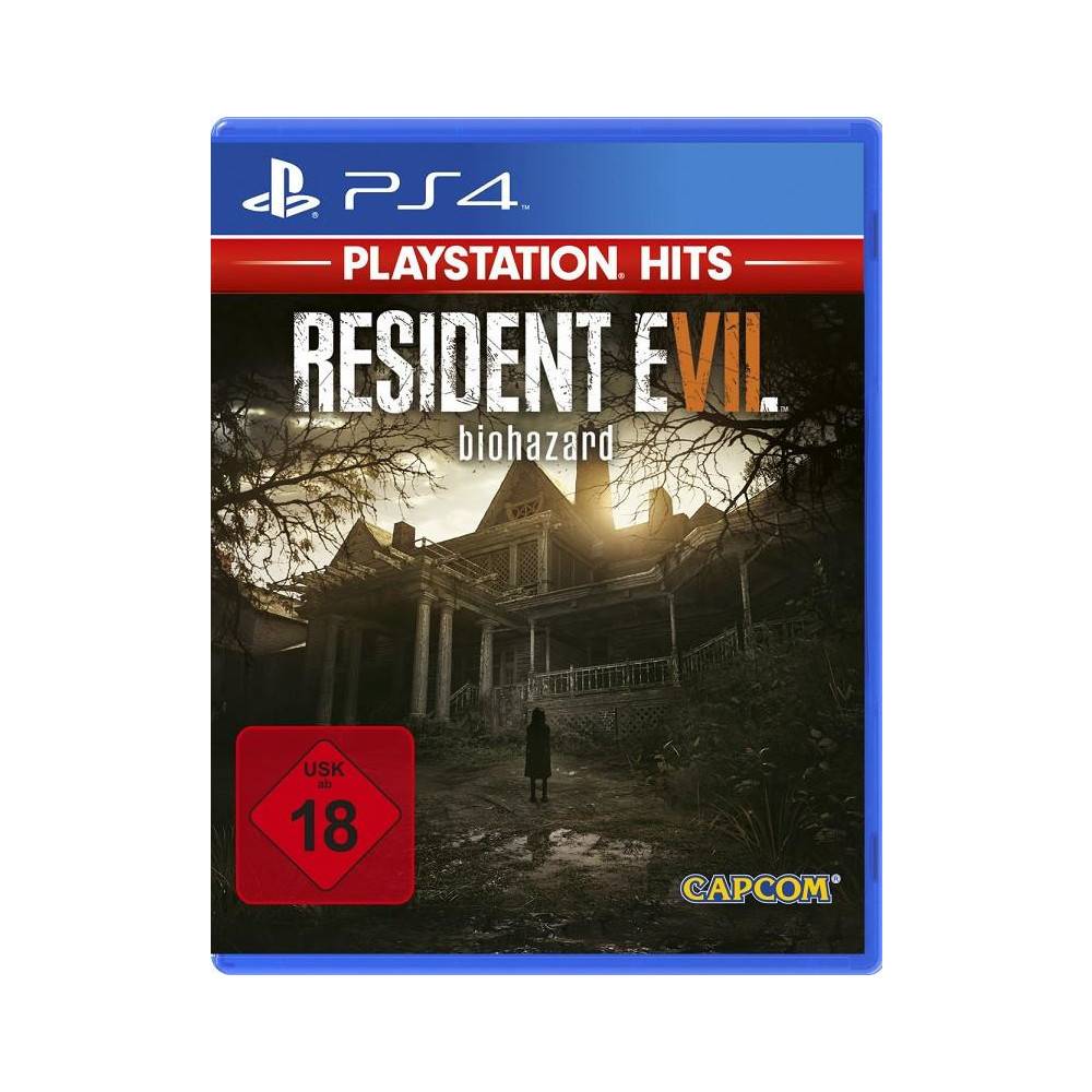 PS4 'PlayStation Hits'-Cover für Resident Evil Biohazard, zeigt ein verfluchtes Haus bei Sonnenuntergang mit USK-18-Altersfreigabe und Capcom-Logo.