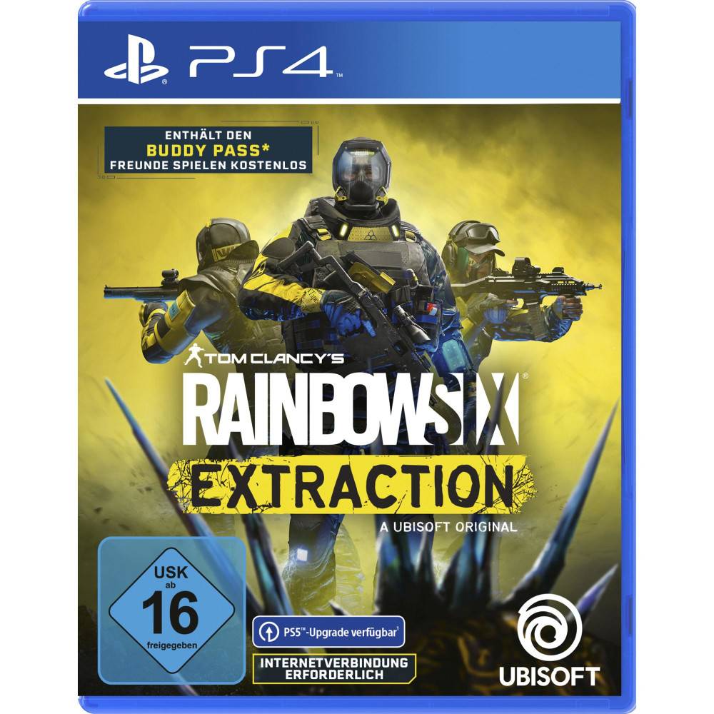 PS4-Spielcover für Tom Clancy's Rainbow Six Extraction, das drei bewaffnete Soldaten in gelbem Rauch zeigt, mit Altersfreigabe 16 und Ubisoft-Logo.