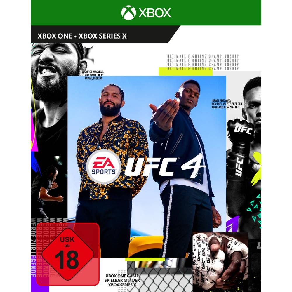 Xbox One und Xbox Series X Spielcover für EA Sports UFC 4, das zwei Kämpfer und eine USK 18-Altersfreigabe zeigt.