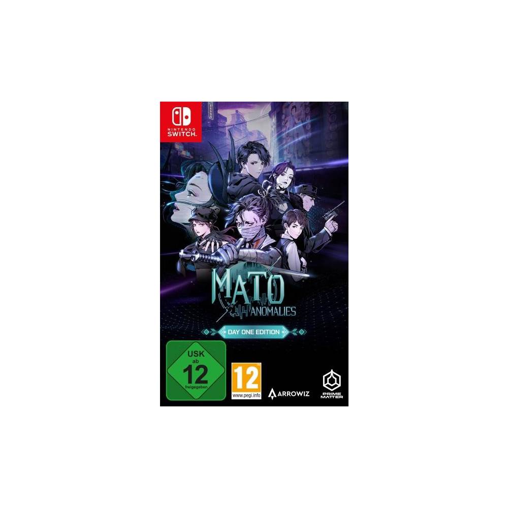 Nintendo Switch 'Mato Anomalies' Day One Edition Spielcover mit Anime-Charakteren und Altersfreigabe-Etiketten 12 und USK 12.