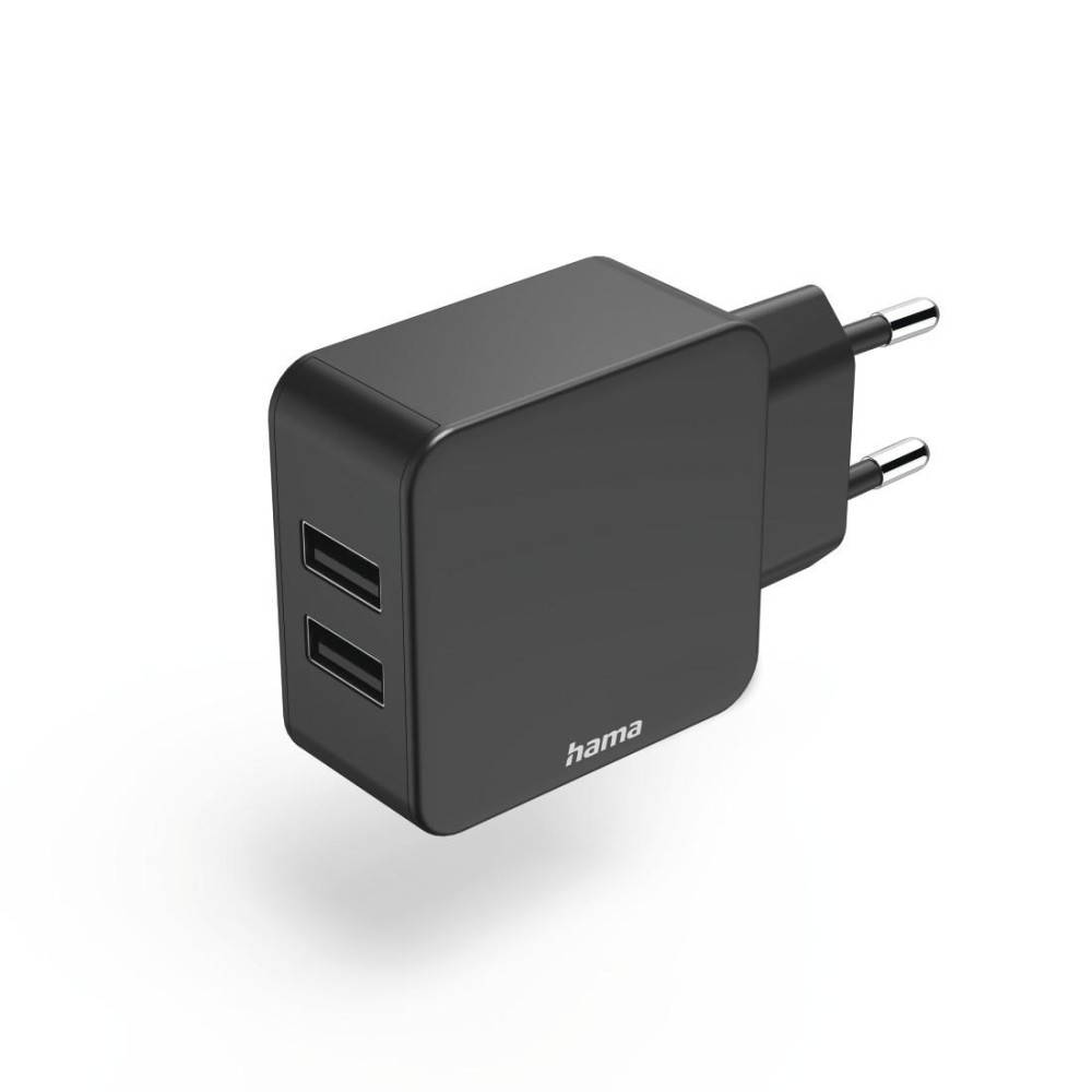Schwarzes Wandladegerät mit zwei USB-A-Anschlüssen und europäischem zweipoligem Stecker, Marke „hama