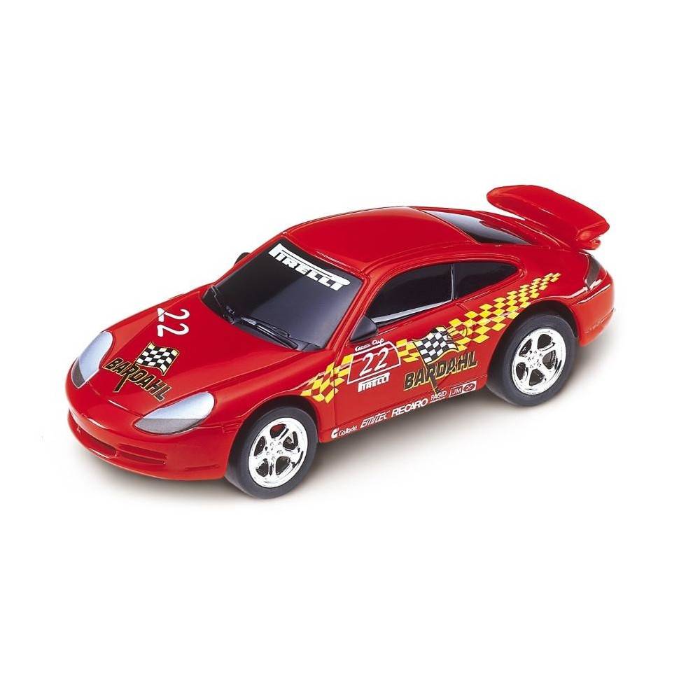 Rotes Spielzeug-Rennfahrzeug mit der Nummer 22 und Sponsor-Aufklebern auf weißem Hintergrund.