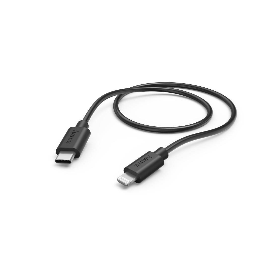 Schwarzes USB-C-zu-Lightning-Ladekabel auf weißem Hintergrund, mit Steckern an beiden Enden dargestellt.