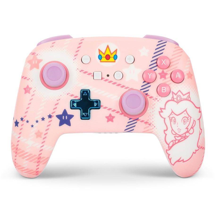 Rosa Gaming-Steuerung mit pastellfarbenem Mario-Design, ausgestattet mit rosa Tasten, violetten Analogsticks, dunklem D-Pad und Prinzessin-Peach-Grafik auf der rechten Seite.